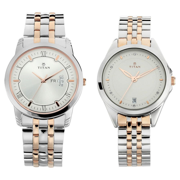Titan Bandhan Quartz Analog with Day and Date Silver Dial Stainless Steel Strap Watch for Couple - The Watch Factory ®