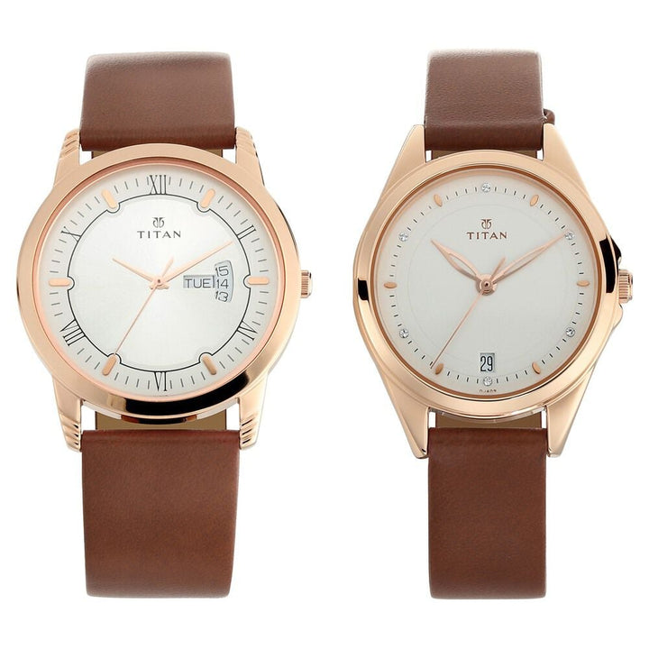 Titan Quartz Analog with Day and Date Silver Dial Leather Strap Watch for Couple - The Watch Factory ®