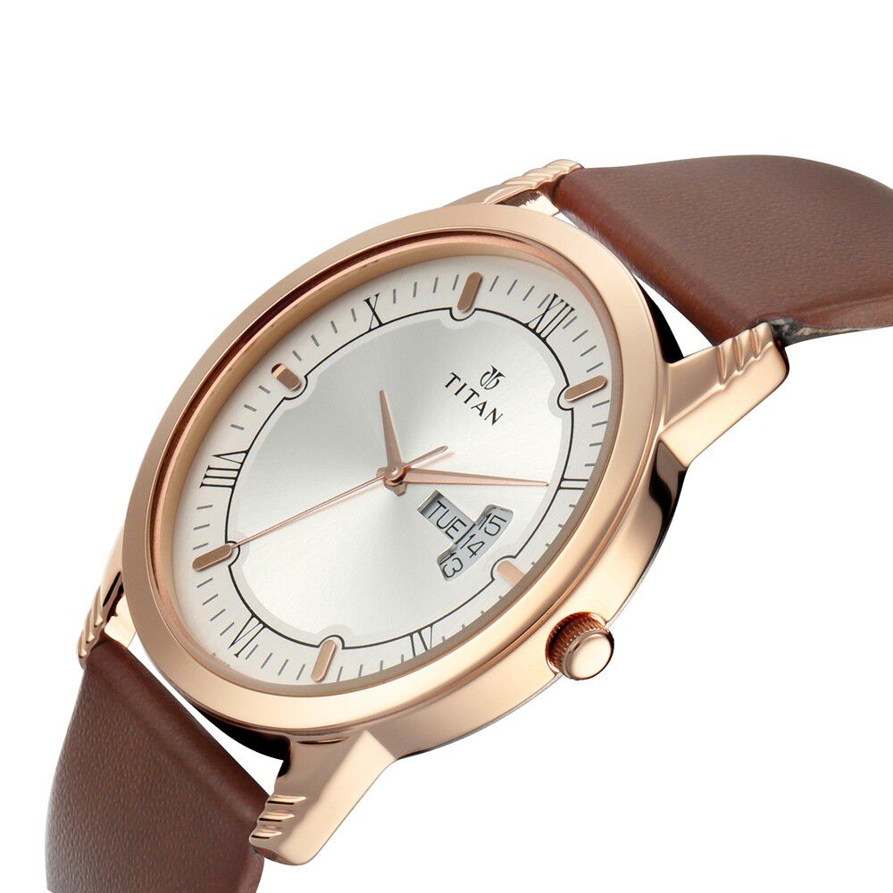 Titan Quartz Analog with Day and Date Silver Dial Leather Strap Watch for Couple - The Watch Factory ®