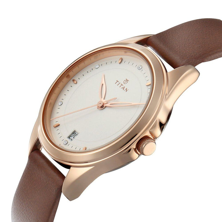 Titan Quartz Analog with Day and Date Silver Dial Leather Strap Watch for Couple - The Watch Factory ®