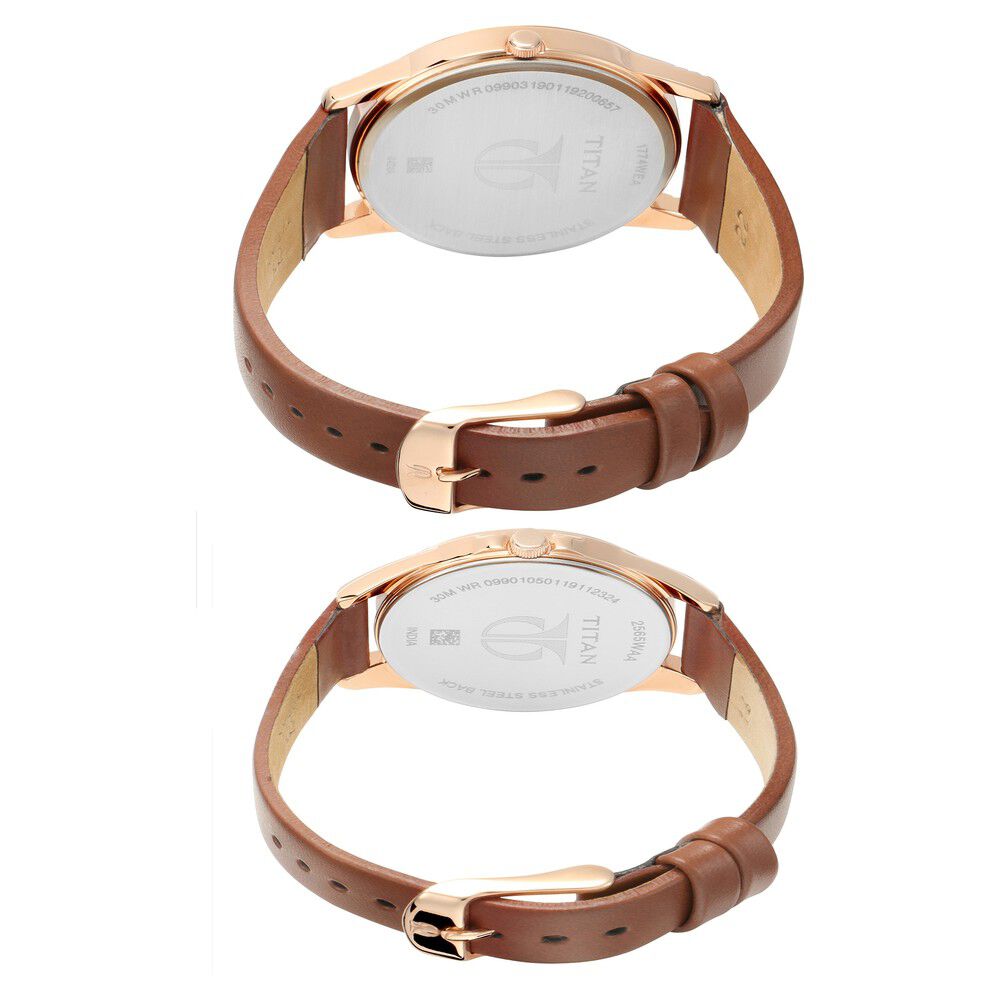 Titan Quartz Analog with Day and Date Silver Dial Leather Strap Watch for Couple - The Watch Factory ®