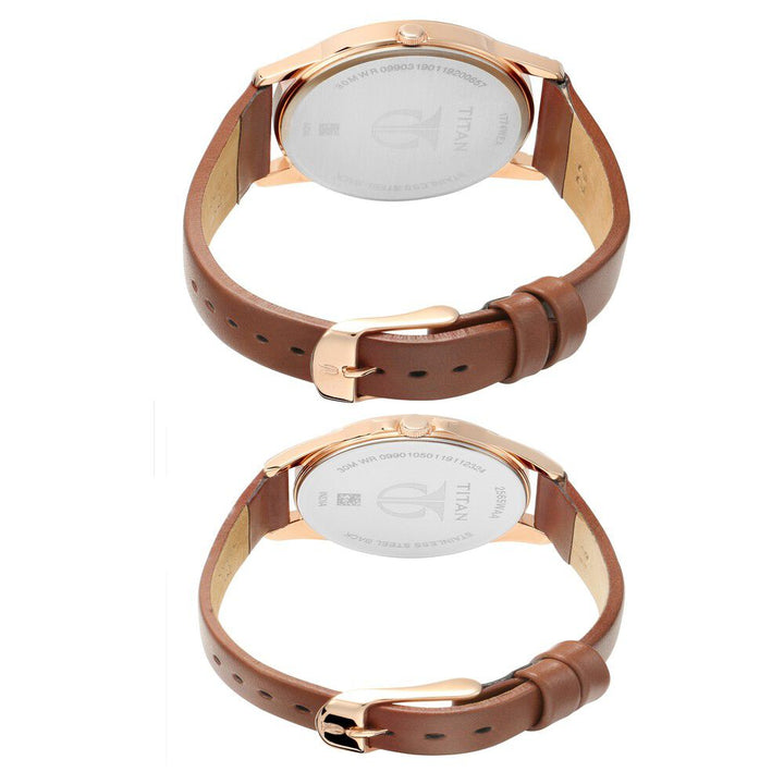 Titan Quartz Analog with Day and Date Silver Dial Leather Strap Watch for Couple - The Watch Factory ®