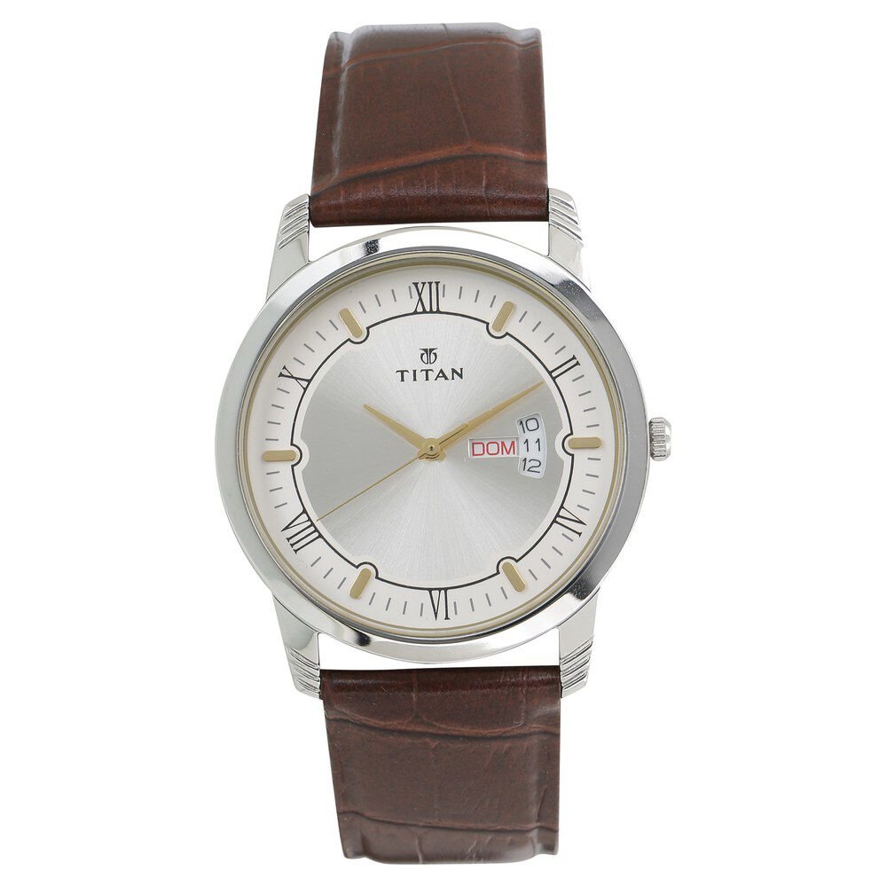 Titan Quartz Analog with Day and Date Silver Dial Leather Strap Watch for Men - The Watch Factory ®