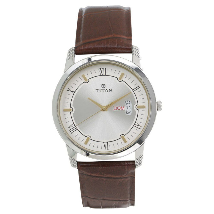 Titan Quartz Analog with Day and Date Silver Dial Leather Strap Watch for Men - The Watch Factory ®