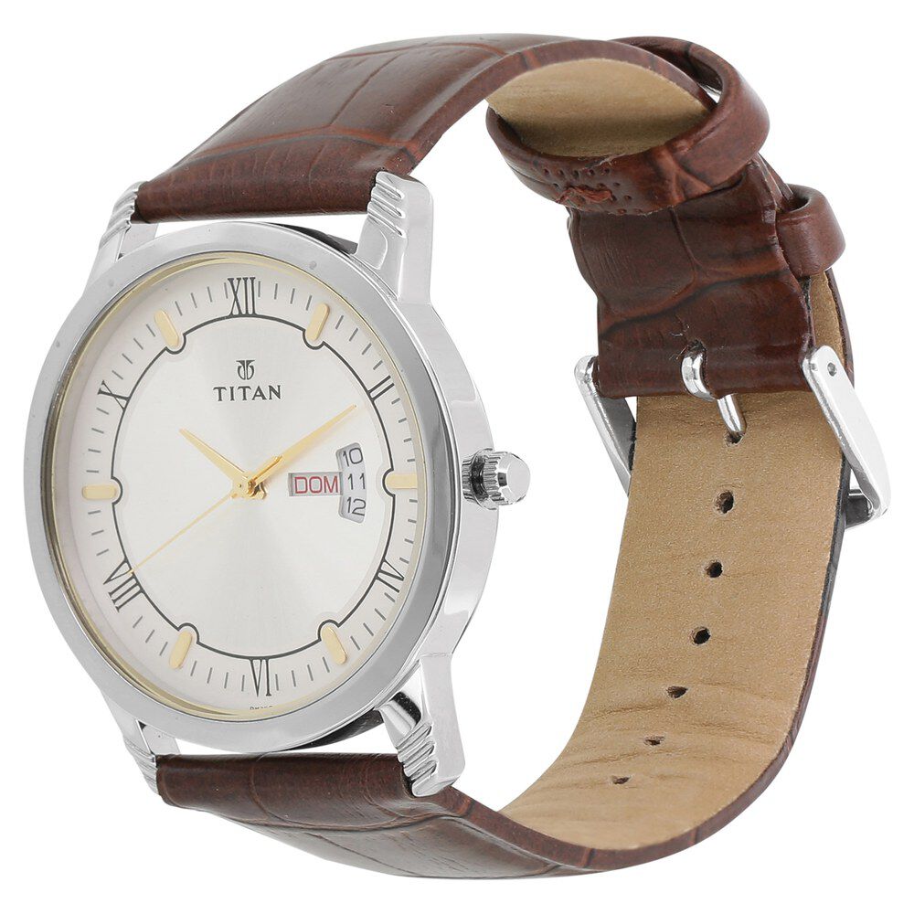 Titan Quartz Analog with Day and Date Silver Dial Leather Strap Watch for Men NS1774SL01