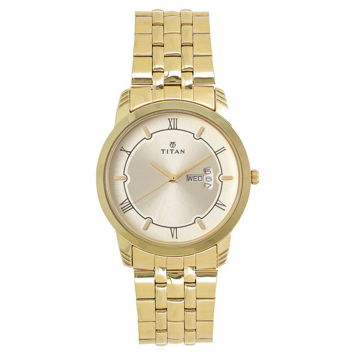 Titan Quartz Analog with Day and Date Champagne Dial Stainless Steel Strap Watch for Men-NP1774YM01