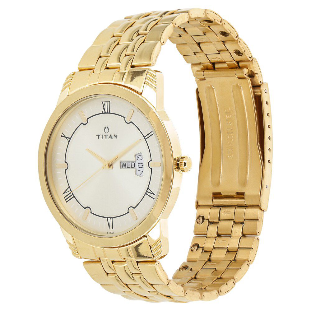 Titan Quartz Analog with Day and Date Champagne Dial Stainless Steel Strap Watch for Men-NP1774YM01