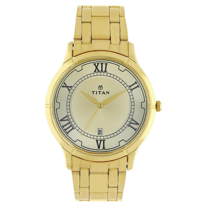 Titan Quartz Analog with Date Champagne Dial Stainless Steel Strap Watch for Men-NL1775YM01
