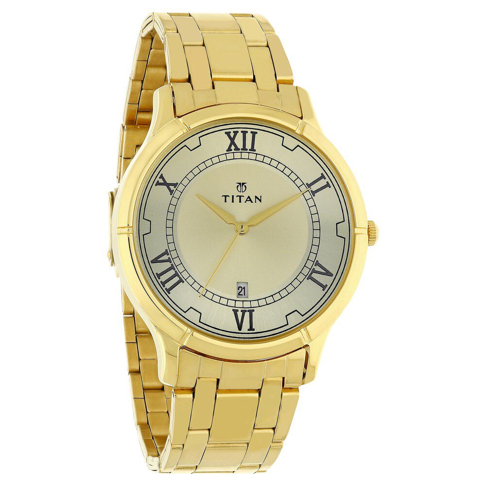 Titan Quartz Analog with Date Champagne Dial Stainless Steel Strap Watch for Men-NL1775YM01