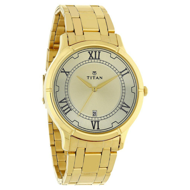Titan Quartz Analog with Date Champagne Dial Stainless Steel Strap Watch for Men-NL1775YM01