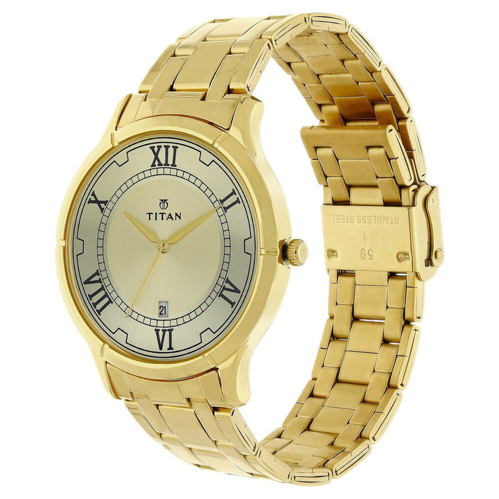 Titan Quartz Analog with Date Champagne Dial Stainless Steel Strap Watch for Men-NL1775YM01