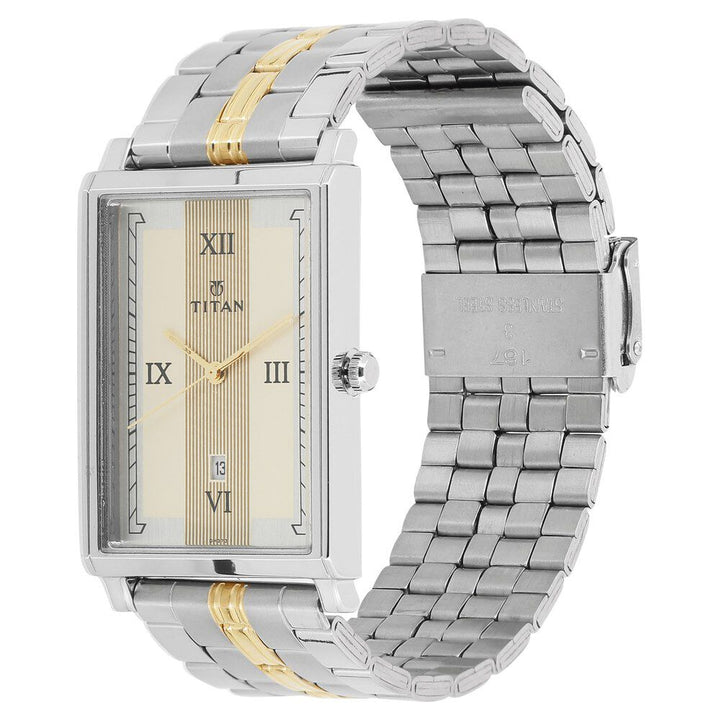 Titan Quartz Analog with Date Champagne Dial Stainless Steel Strap Watch for Men-1776BM01