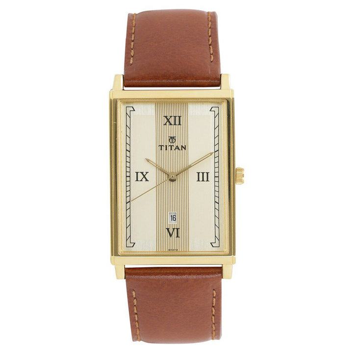 Titan Analog with Date Champagne Dial Leather Strap watch for Men-NL1776YL01
