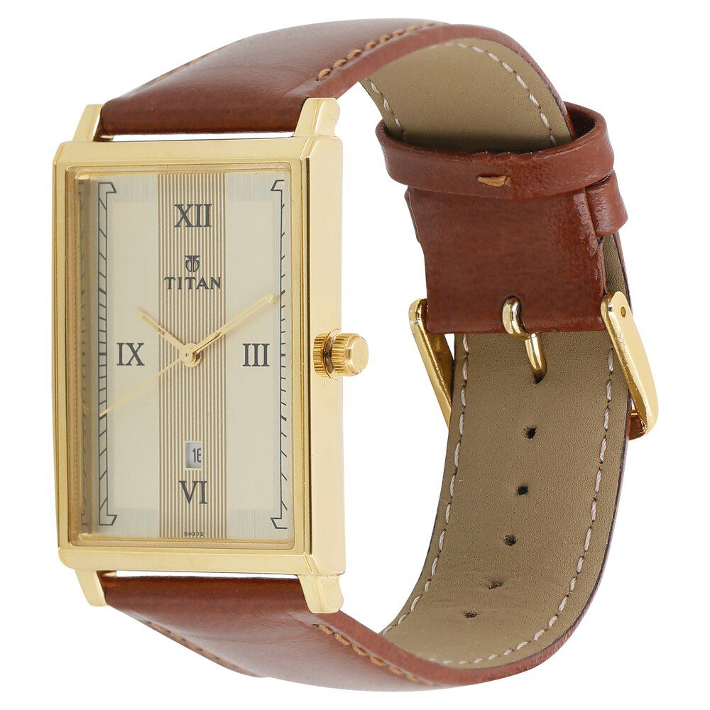 Titan Analog with Date Champagne Dial Leather Strap watch for Men-NL1776YL01
