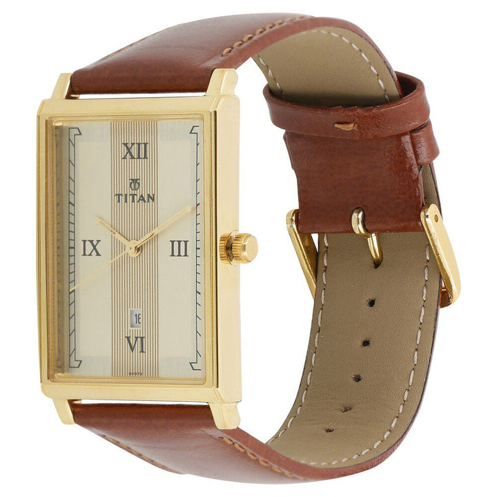 Titan Analog with Date Champagne Dial Leather Strap watch for Men-NL1776YL01