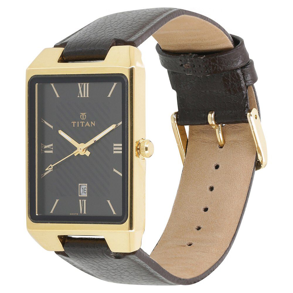 Titan Rectangle Black Dial Analog with Date Leather Strap watch for Men-NP1777YL01