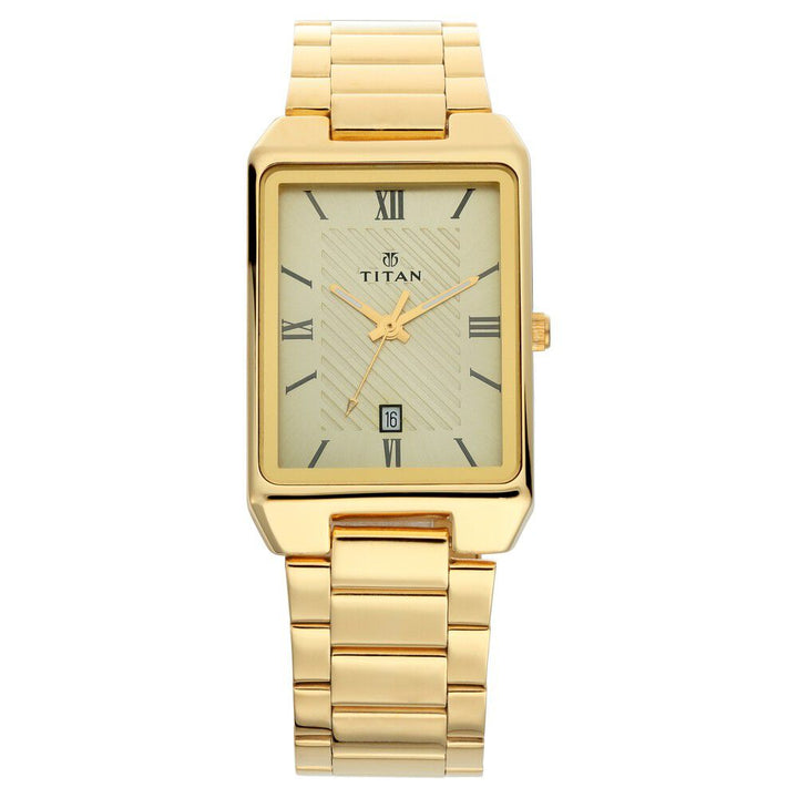 Titan Rectangular Champagne Dial Analog with Date Stainless Steel Strap watch for Men-NP1777YM02