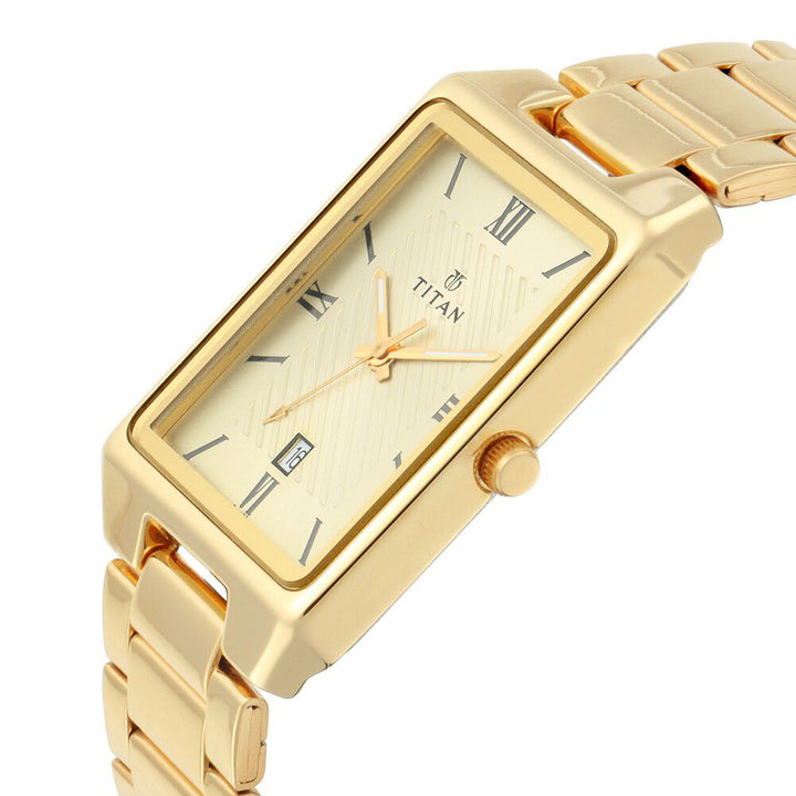 Titan Rectangular Champagne Dial Analog with Date Stainless Steel Strap watch for Men-NP1777YM02