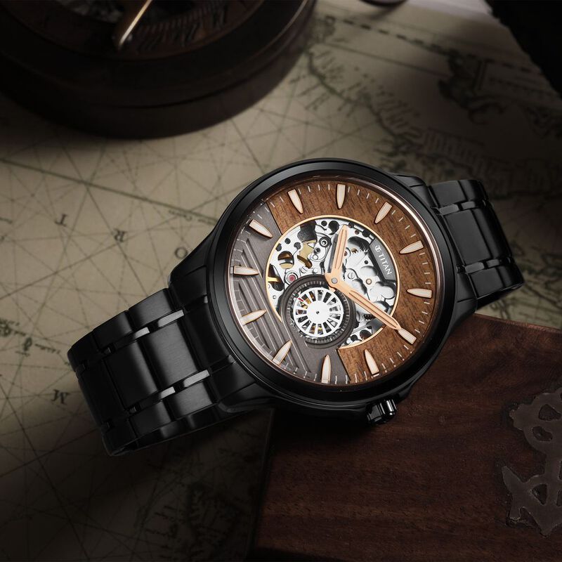 Titan Automatic Black Dial Stainless Steel Strap Watch for Men
