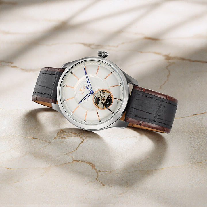 Titan Magnate Automatic White Dial Blue Leather Strap Watch for Men-NS1796KL01F