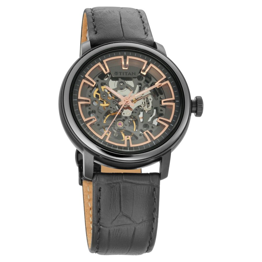 Titan Magnate Automatic Black Dial Black Leather Strap Watch - The Watch Factory ®