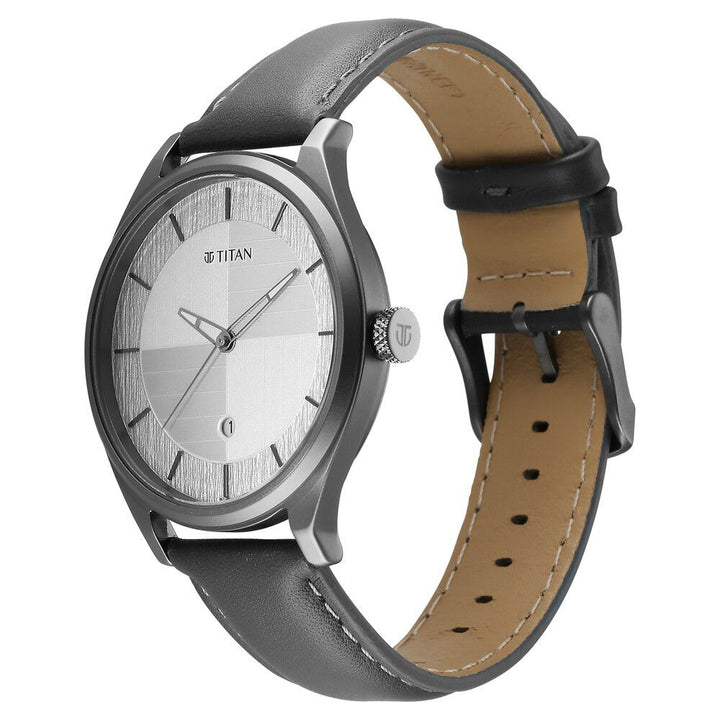 Titan Neo Economy Quartz Analog with Date Silver Dial Grey Leather Strap Watch For Men 1802QL01