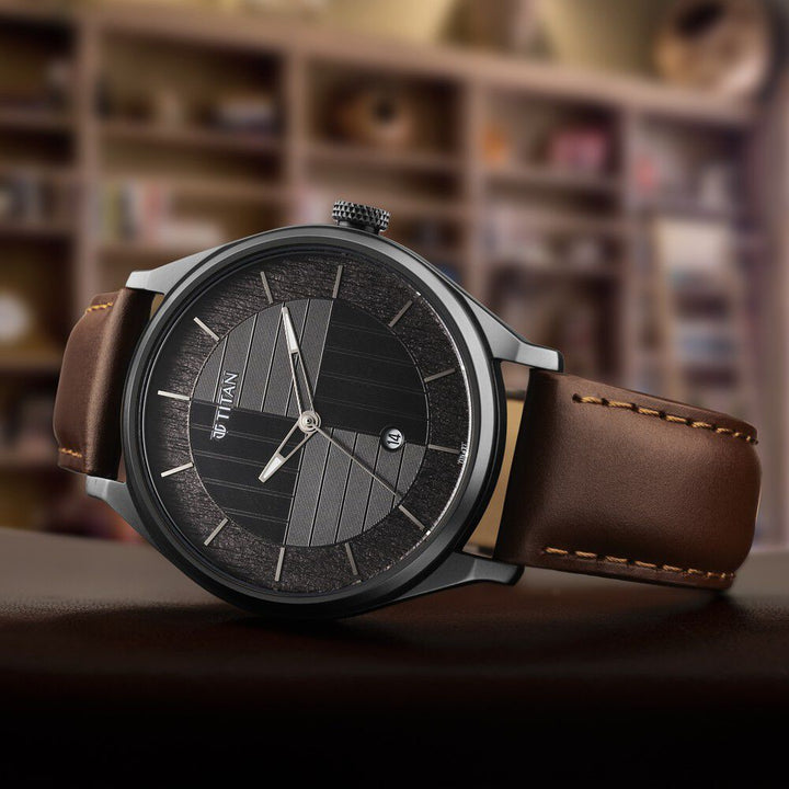 Titan Neo Economy Quartz Analog with Date Grey Dial Brown Leather Strap Watch For Men-NT1802QL03