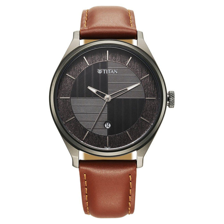 Titan Neo Economy Quartz Analog with Date Grey Dial Brown Leather Strap Watch For Men 1802QL03