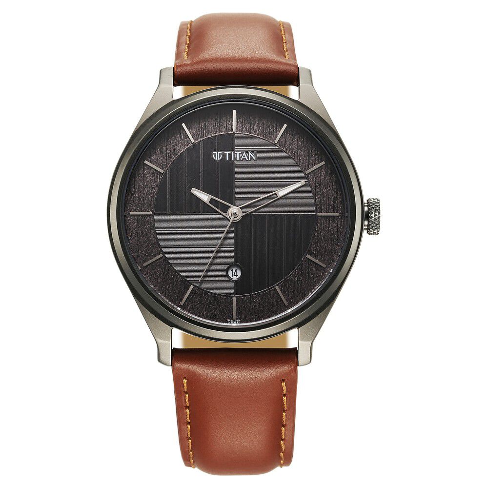 Titan Neo Economy Quartz Analog with Date Grey Dial Brown Leather Strap Watch For Men-NT1802QL03