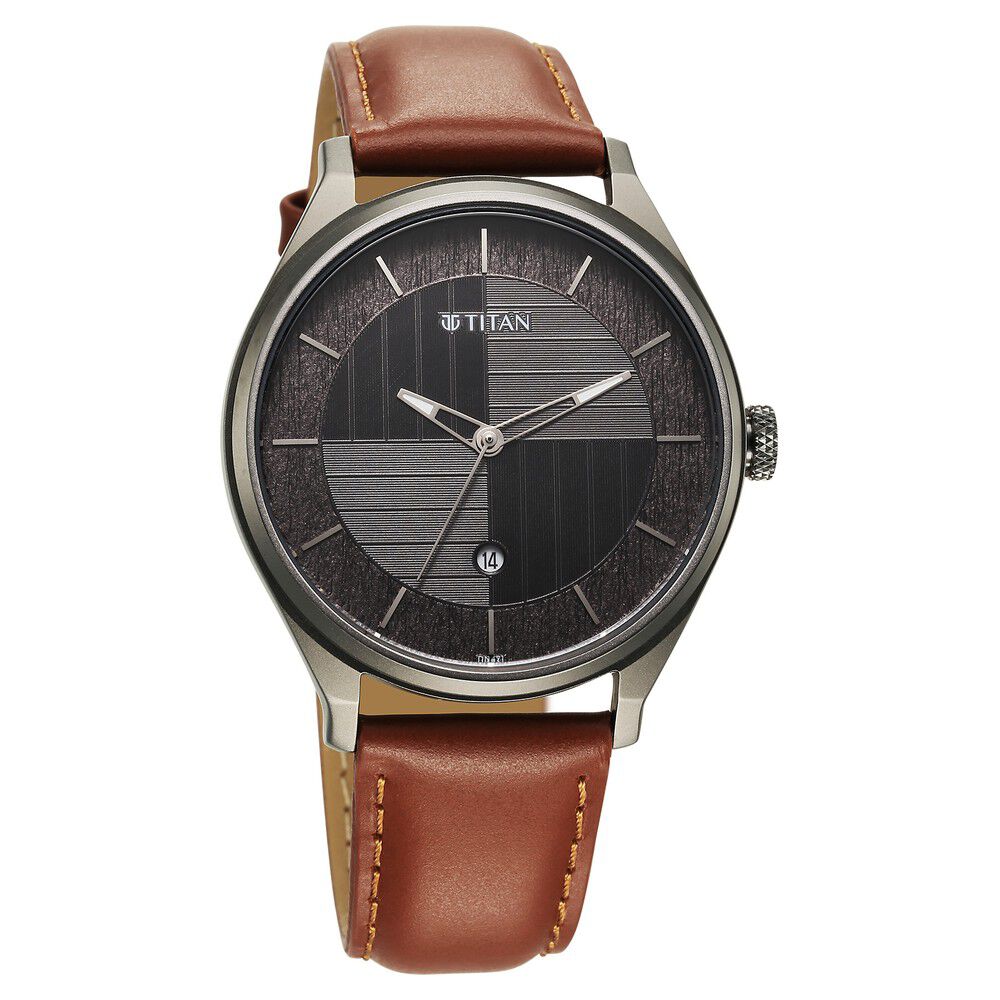 Titan Neo Economy Quartz Analog with Date Grey Dial Brown Leather Strap Watch For Men 1802QL03