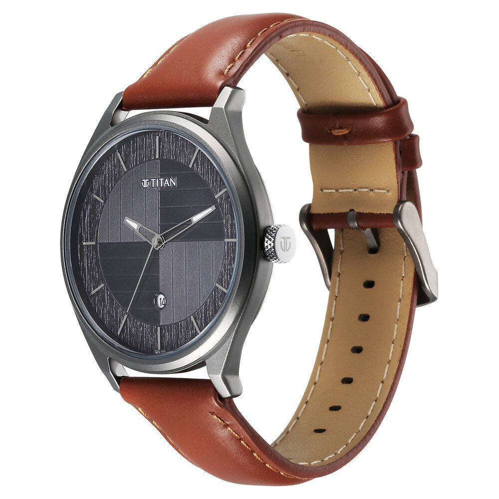 Titan Neo Economy Quartz Analog with Date Grey Dial Brown Leather Strap Watch For Men 1802QL03
