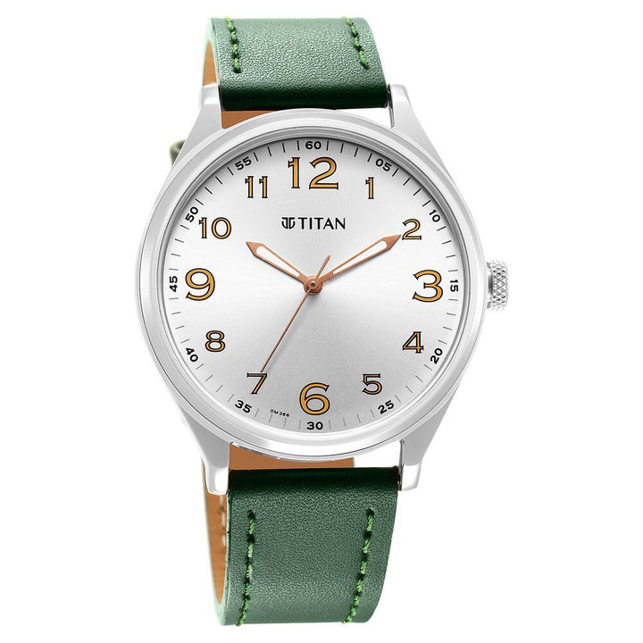 Titan Quartz Analog Silver White Dial Leather Strap Watch for Men-1802SL20