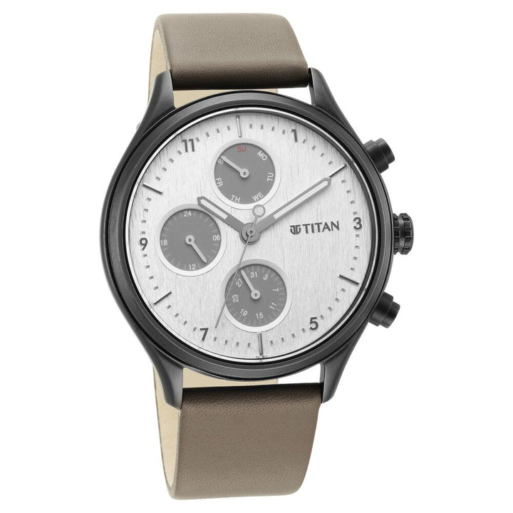 Titan Neo Silver Quartz Multifunction Leather Strap Watch for Men NS1803NL02