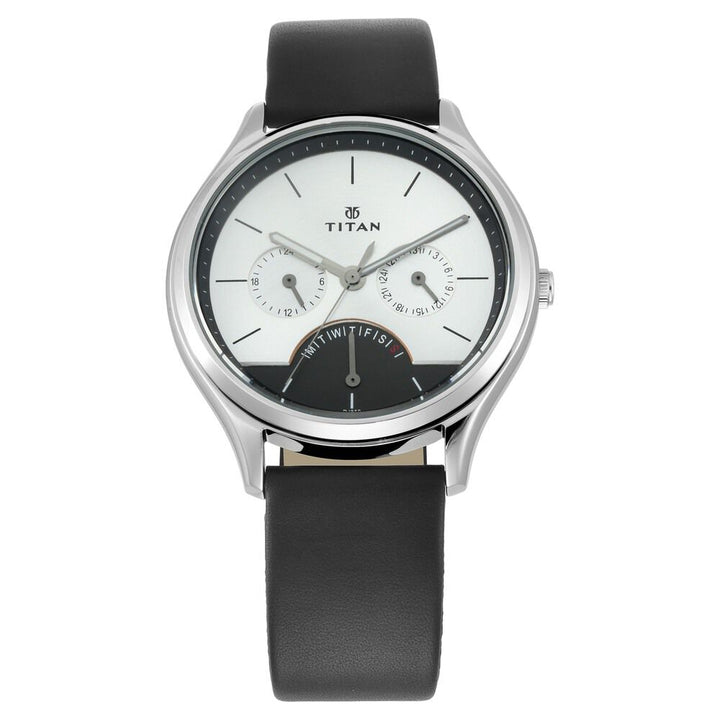Titan Quartz Multifunction Silver Dial Leather Strap Watch for Men-NQ1803SL01