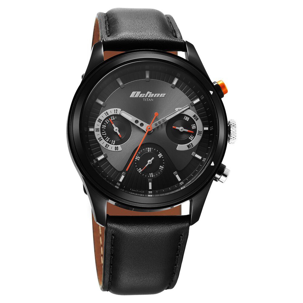 Titan Octane Quartz Multifunction Black Dial With Black Leather Strap Watch For Men - The Watch Factory ®