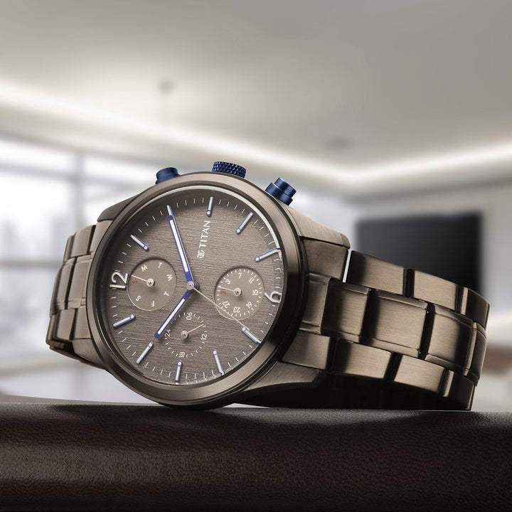 Titan Neo Splash Quartz Multifunction Anthracite Dial Stainless Steel Strap Watch for Men - The Watch Factory ®