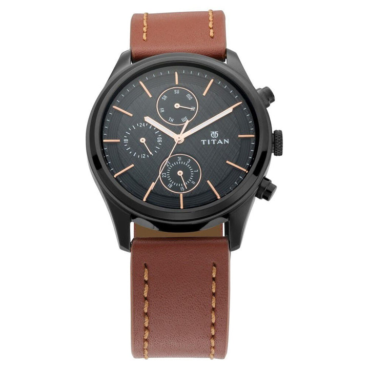 Titan Workwear Multifunction Black Dial Brown Leather Strap Watch For Men - The Watch Factory ®