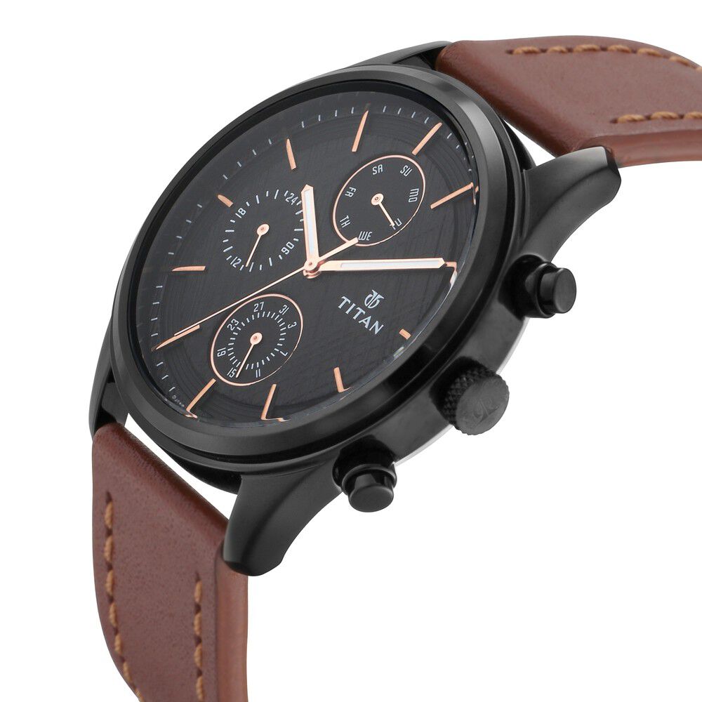 Titan Workwear Multifunction Black Dial Brown Leather Strap Watch For Men - The Watch Factory ®