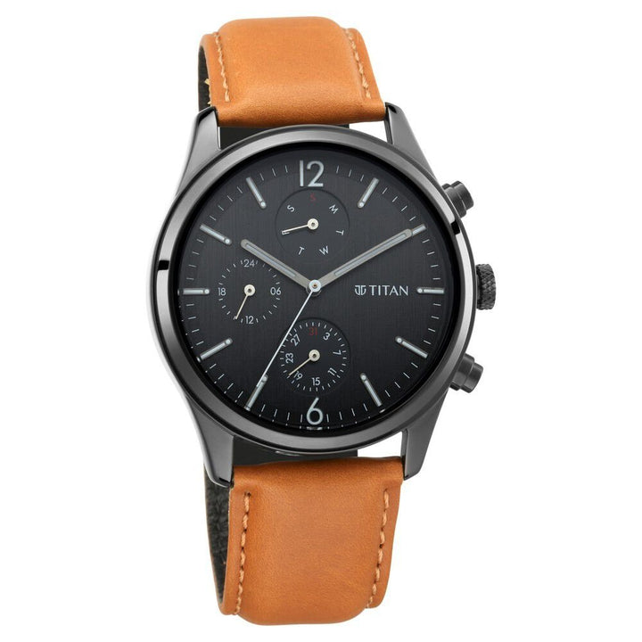 Titan Workwear Multifunction Black Dial Tan Leather Strap Watch For Men - The Watch Factory ®