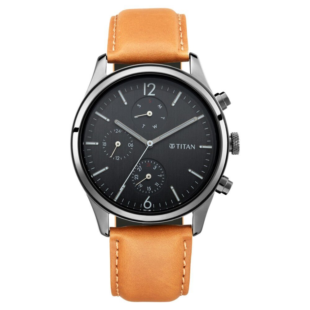 Titan Workwear Multifunction Black Dial Tan Leather Strap Watch For Men - The Watch Factory ®