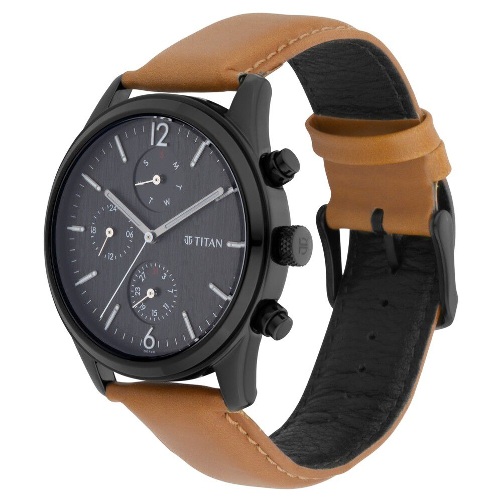 Titan Workwear Multifunction Black Dial Tan Leather Strap Watch For Men - The Watch Factory ®