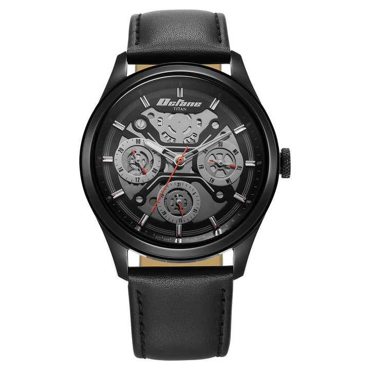 Titan Octane Quartz Multifunction Black Dial With Black Leather Strap Watch For Men 1805NL07