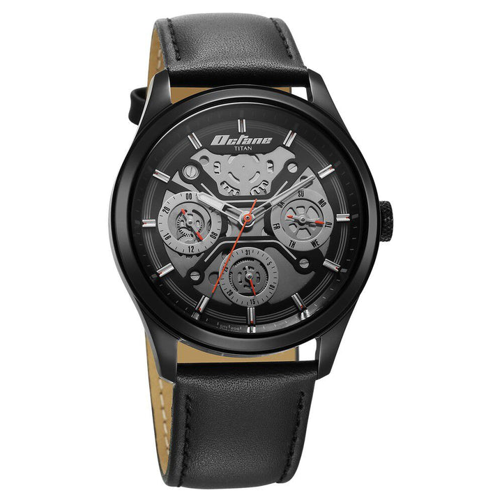 Titan Octane Quartz Multifunction Black Dial With Black Leather Strap Watch For Men 1805NL07