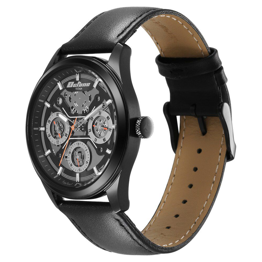Titan Octane Quartz Multifunction Black Dial With Black Leather Strap Watch For Men 1805NL07