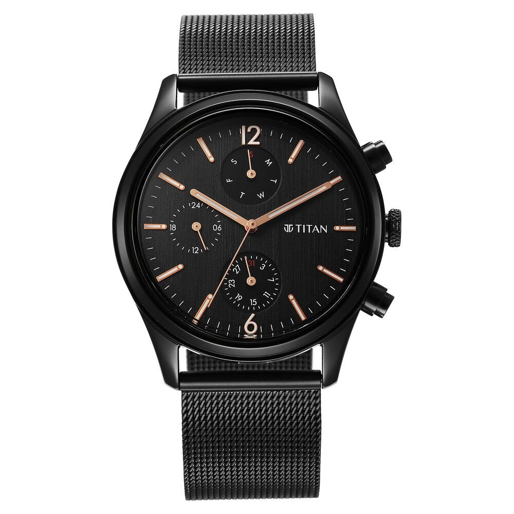 Titan Neo Black & Gold Quartz Analog with Day and Date Black Dial Stainless Steel Strap Watch for Men - The Watch Factory ®