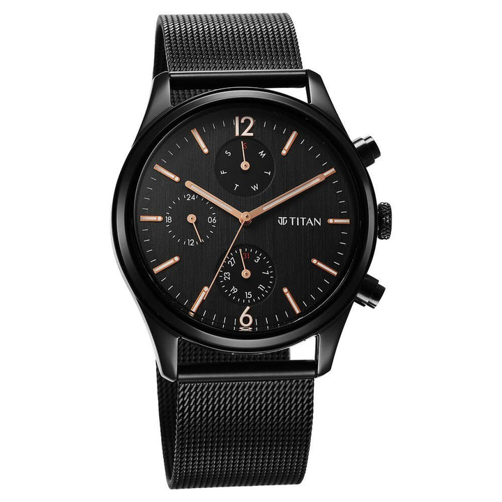 Titan Neo Black & Gold Quartz Analog with Day and Date Black Dial Stainless Steel Strap Watch for Men - The Watch Factory ®