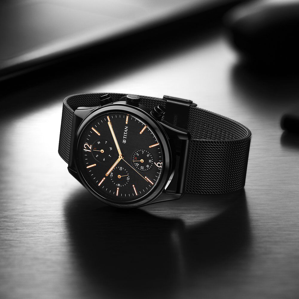 Titan Neo Black & Gold Quartz Analog with Day and Date Black Dial Stainless Steel Strap Watch for Men - The Watch Factory ®