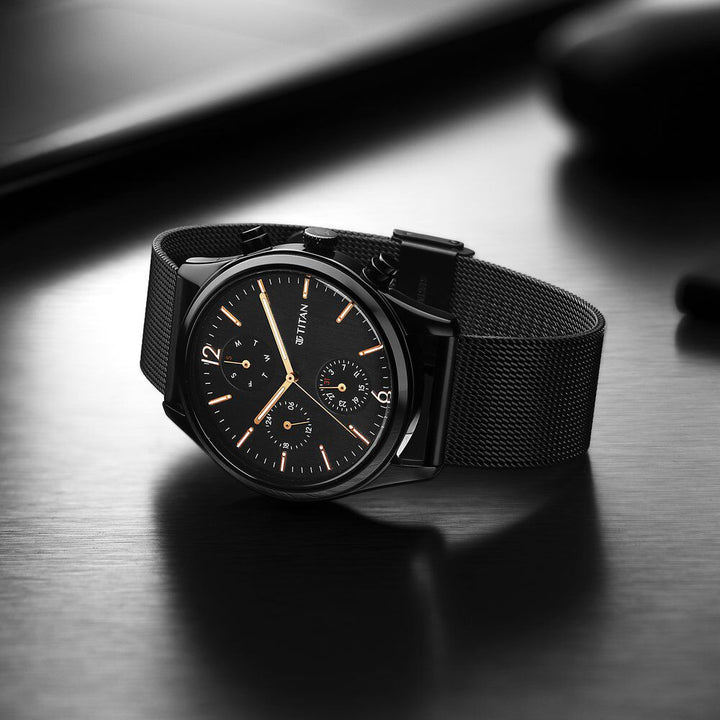 Titan Neo Black & Gold Quartz Analog with Day and Date Black Dial Stainless Steel Strap Watch for Men - The Watch Factory ®