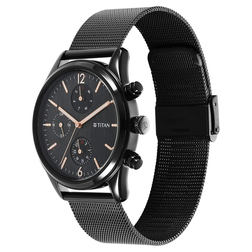 Titan Neo Black & Gold Quartz Analog with Day and Date Black Dial Stainless Steel Strap Watch for Men - The Watch Factory ®