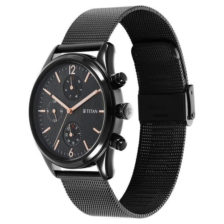 Titan Neo Black & Gold Quartz Analog with Day and Date Black Dial Stainless Steel Strap Watch for Men - The Watch Factory ®